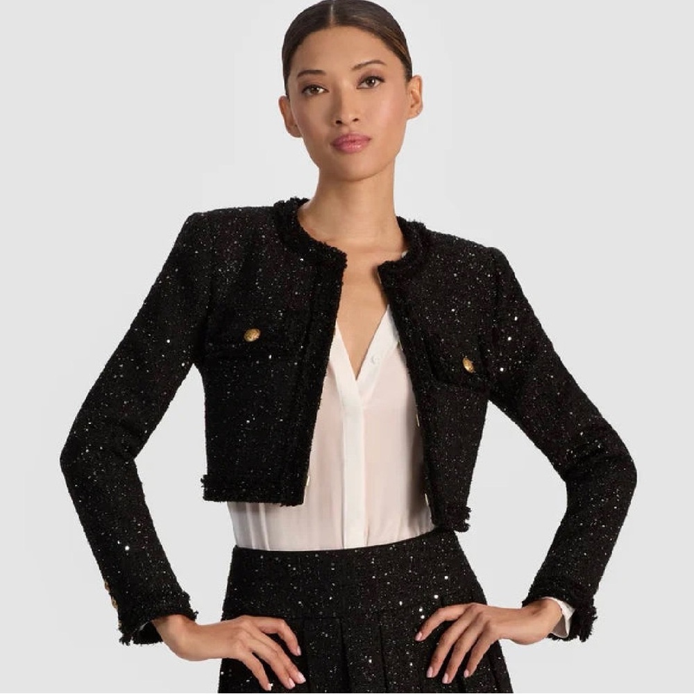 Alice + Olivia Black Cropped Tweed Sequin Blazer